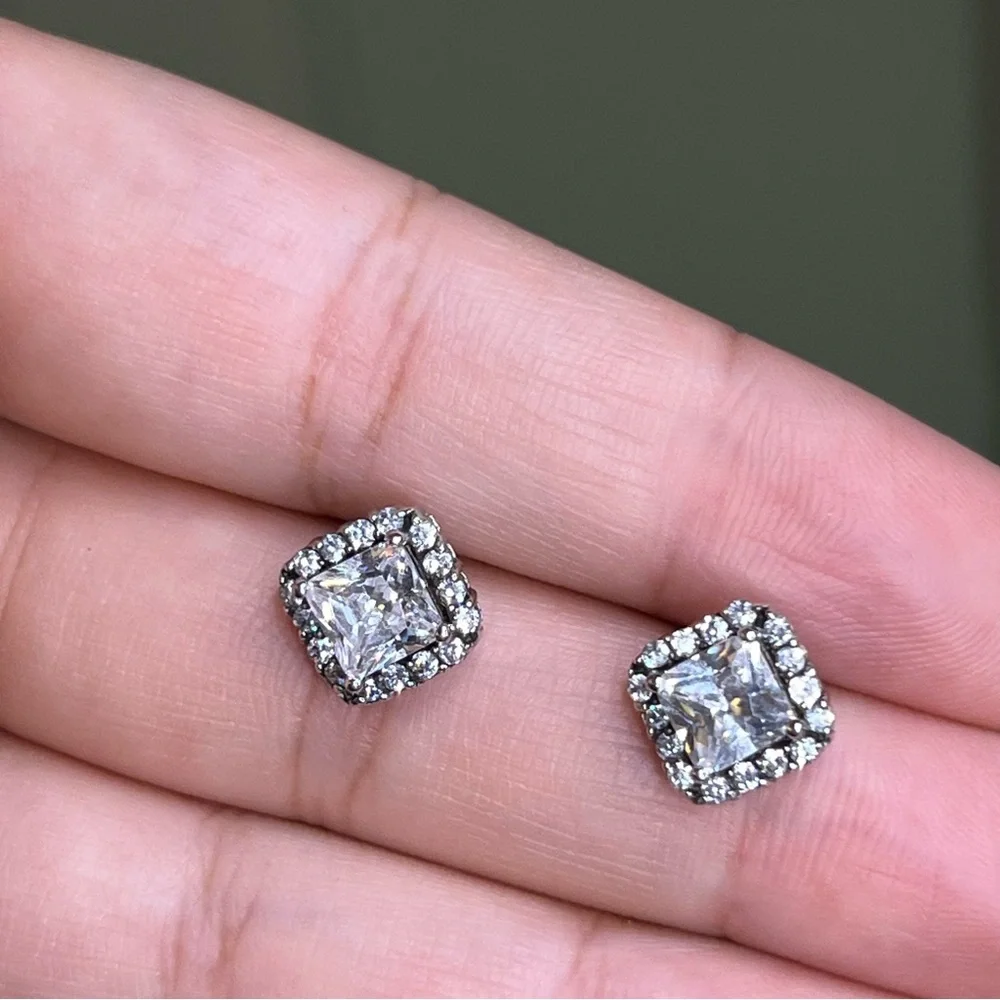 Princess Cut CZ Diamond Square Halo Studs Dainty Small Earrings Jewelry Accessor - Picture 3 of 16